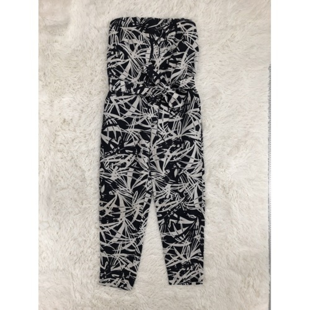 LOFT Jungle Fever Black Palm Print Strapless Linen Blend Jumpsuit 2 - Picture 2 of 10